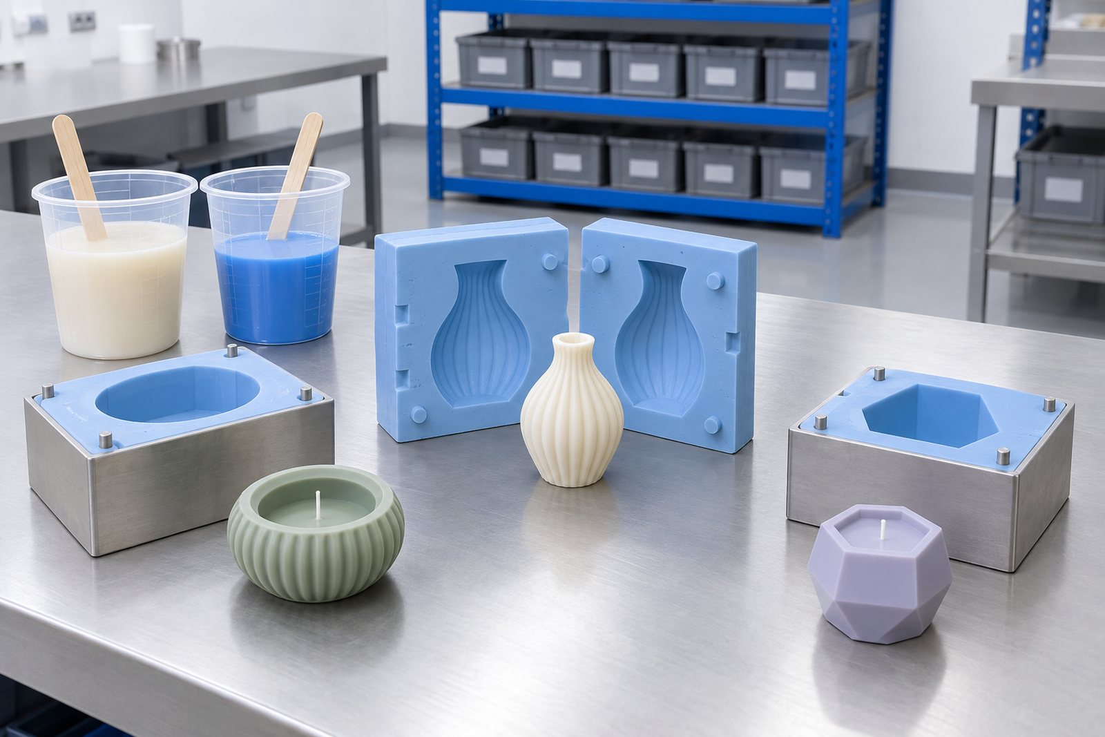 Illustrative example: A mould making bench with mixing pots, mould boxes and small cast parts laid out during a job