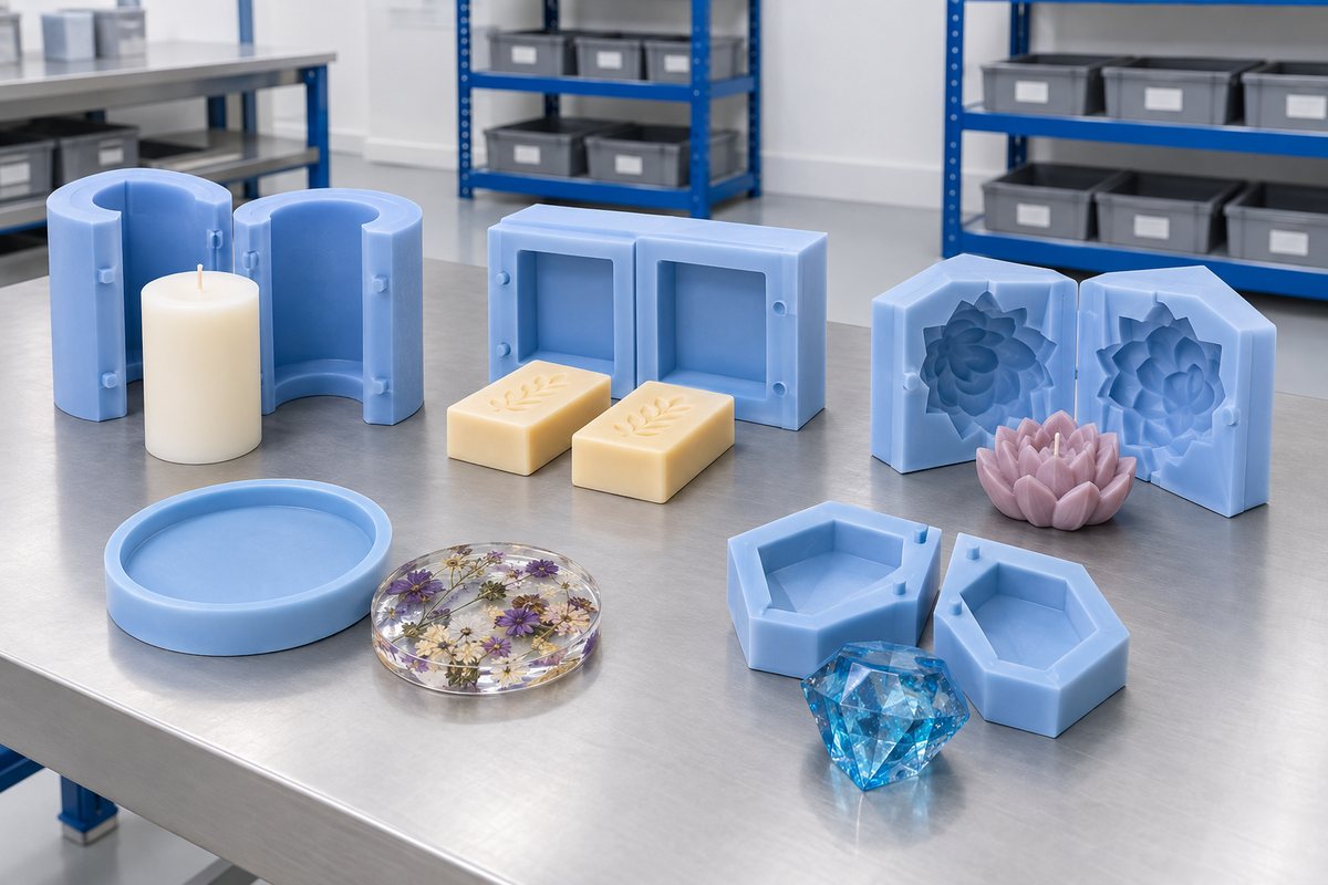 Illustrative example: Different silicone mould types for wax, soap and resin on a bench