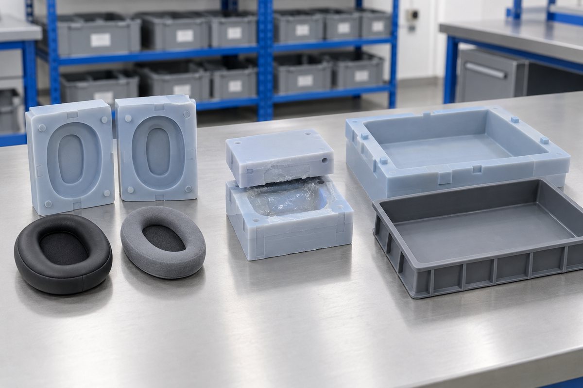 Illustrative example: Ear pad tooling, failed cure test mould and reinforced tray mould