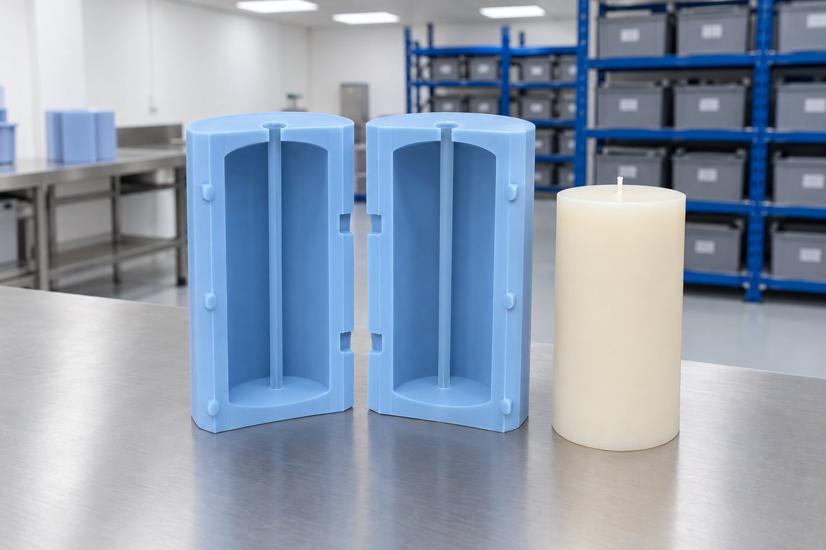 Illustrative example: Split silicone pillar candle mould showing wick channel and clean cavity edges