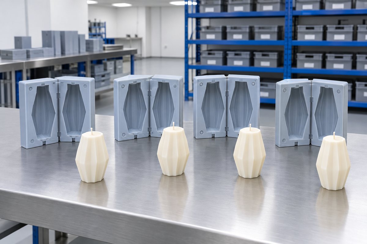 Illustrative example: Identical moulds and matching sample parts arranged for consistent repeat production