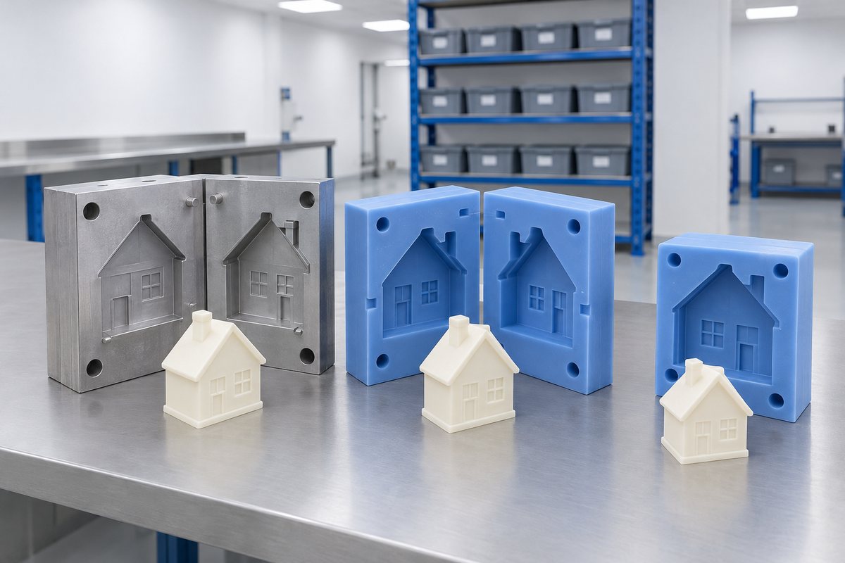 Illustrative example: Master, mould, replacement mould and matching samples on a workshop bench