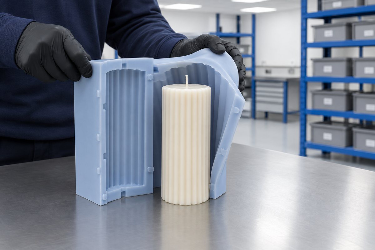 Illustrative example: Flexible silicone mould peeled back from a ribbed pillar candle