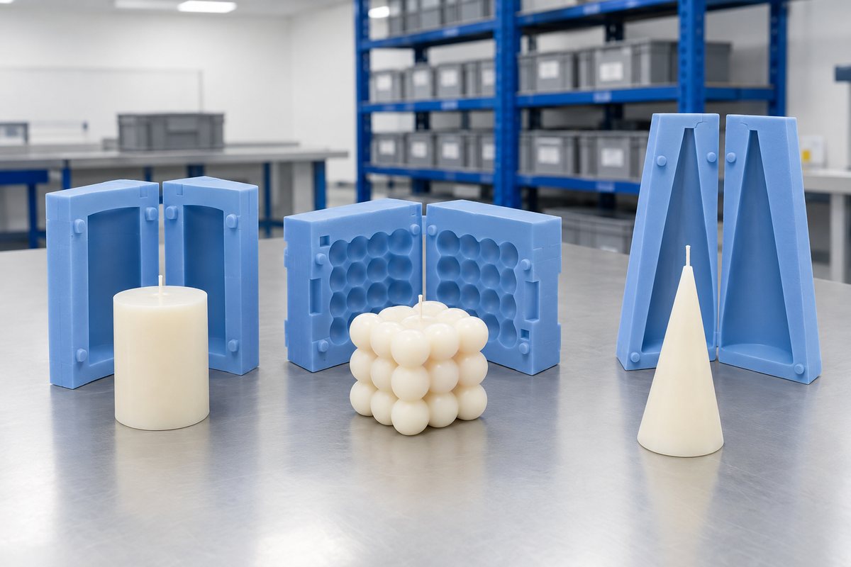 Illustrative example: Three candle mould constructions arranged on a worn workshop bench