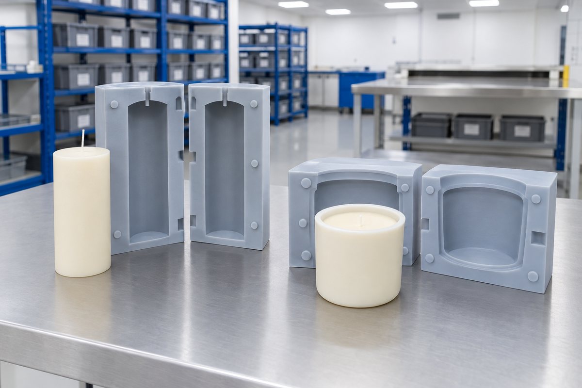 Illustrative example: Pillar candle mould and vessel mould setup shown side by side