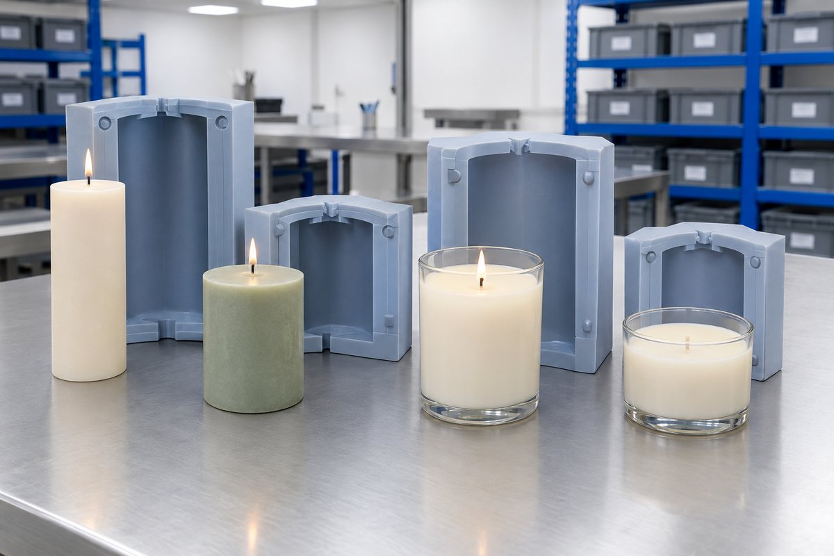 Illustrative example: Pillar candle and candle vessel showing different wick and burn formats