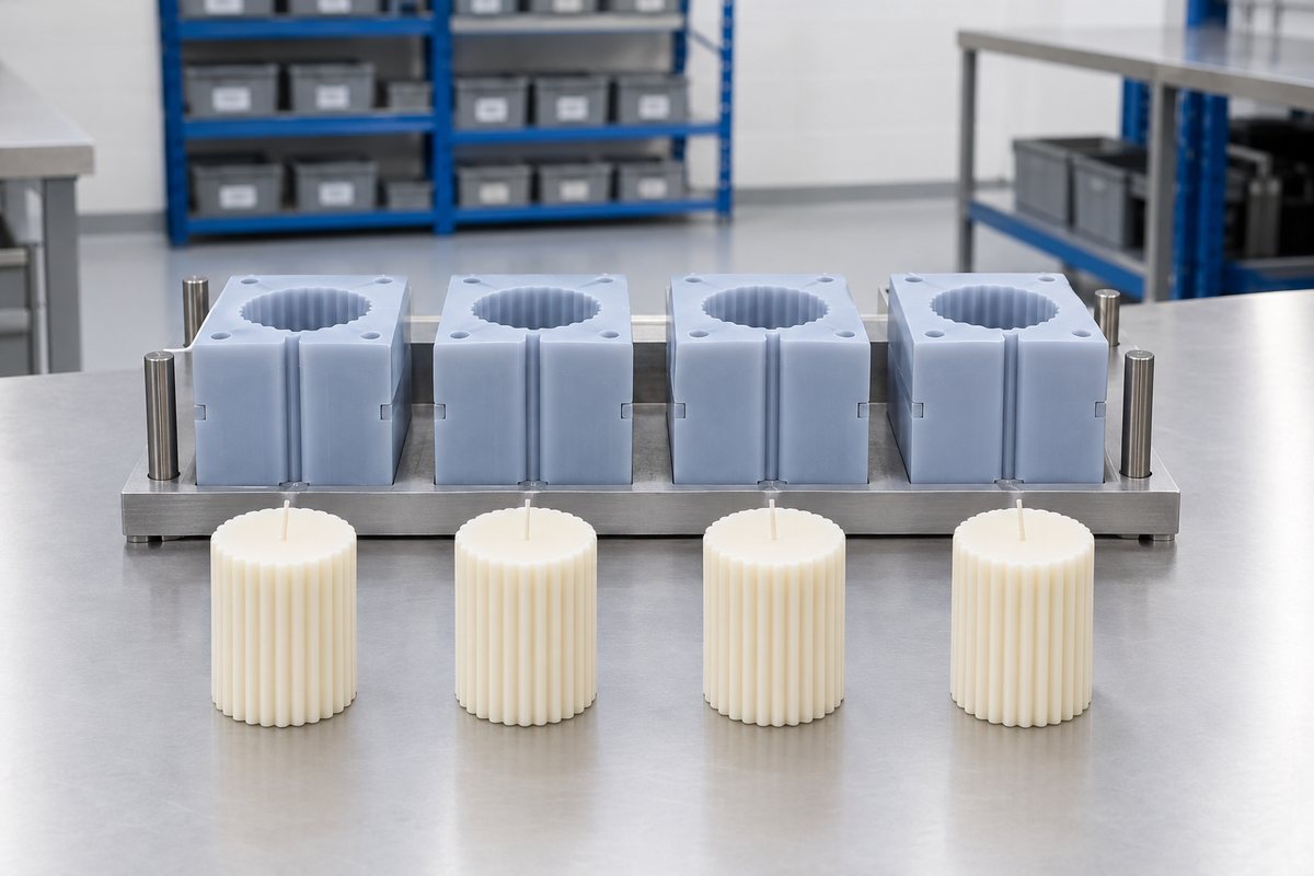Illustrative example: Identical candle moulds in a jig with matching finished candles