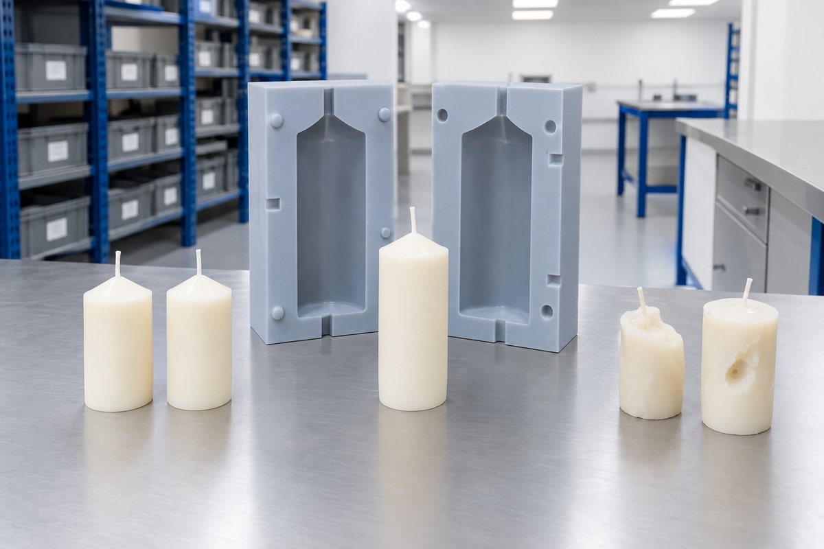 Illustrative example: Approved single-cavity mould with final candle samples and rejected trials