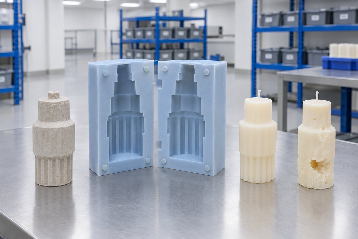Illustrative example: Rough master pattern, silicone mould and flawed candle casting