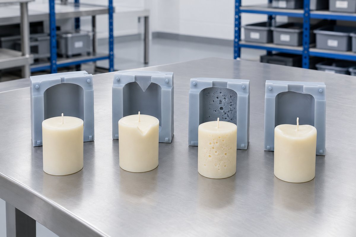 Illustrative example: Wax test candles with defects beside silicone test mould cavities