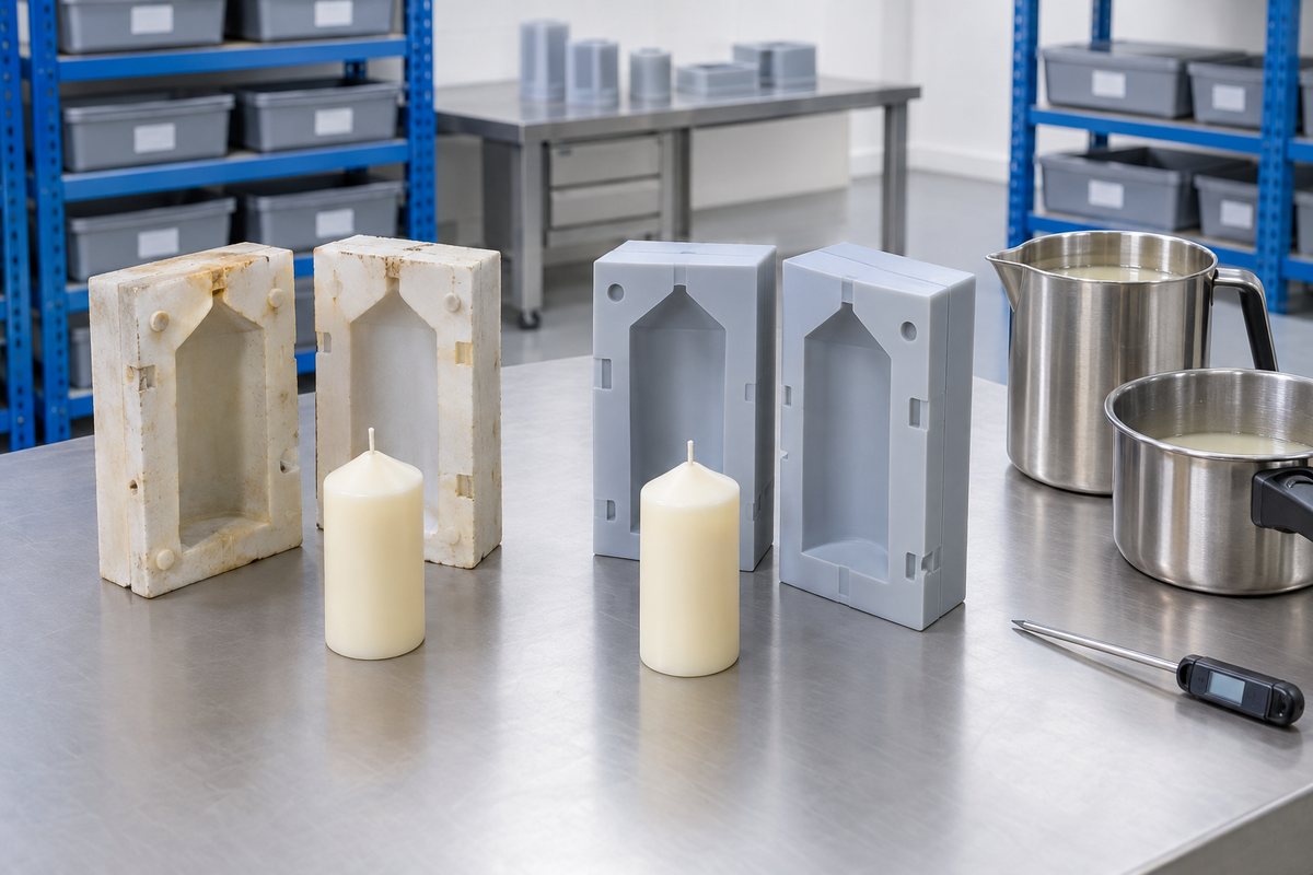 Illustrative example: Worn and newer silicone mould sections beside candle wax pouring tools