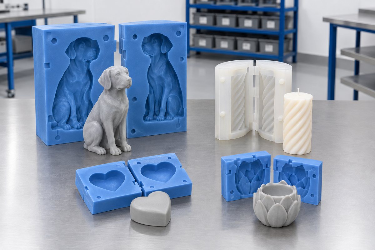 Illustrative example: Reference mould samples and cast parts laid out for explanation