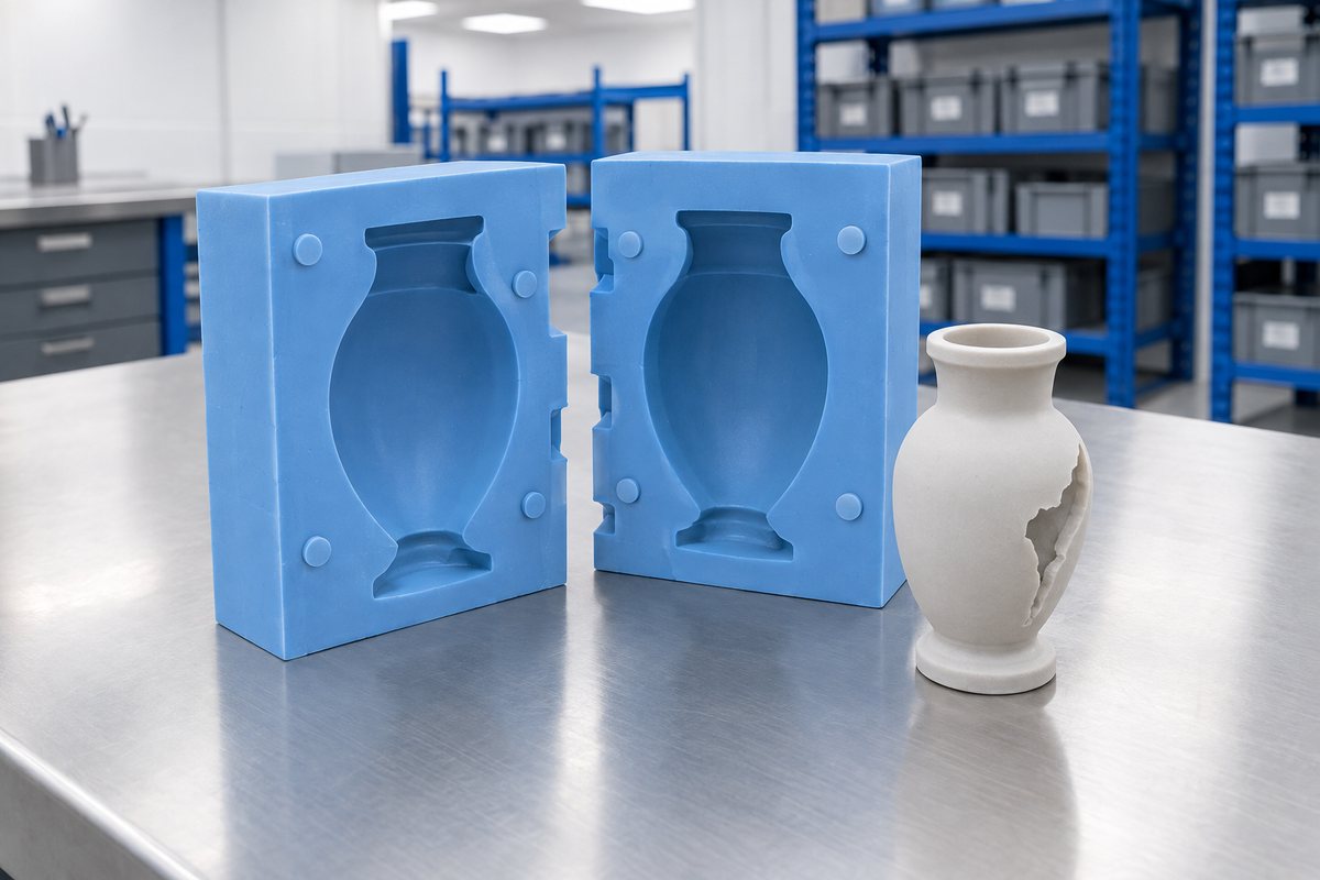 Illustrative example: Opened two-part mould with split line details and failed section
