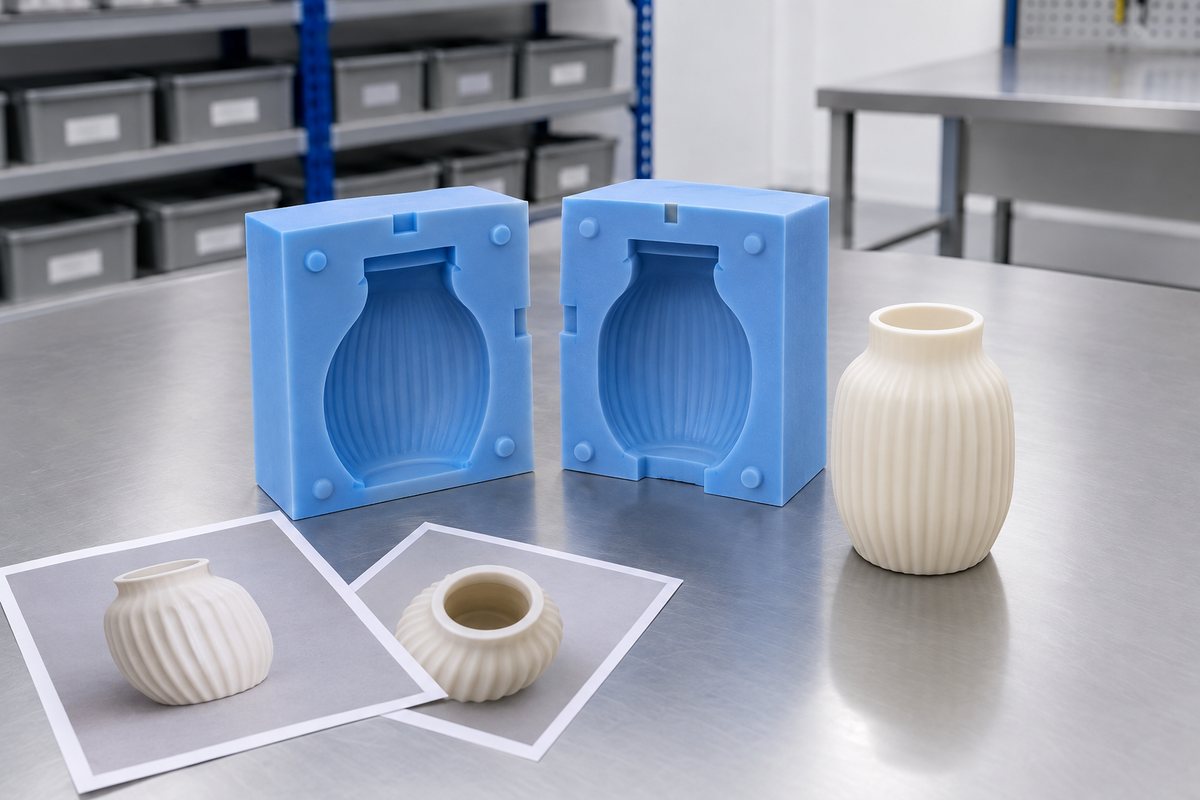 Illustrative example: Sample part, reference photos and trial mould on a workshop bench