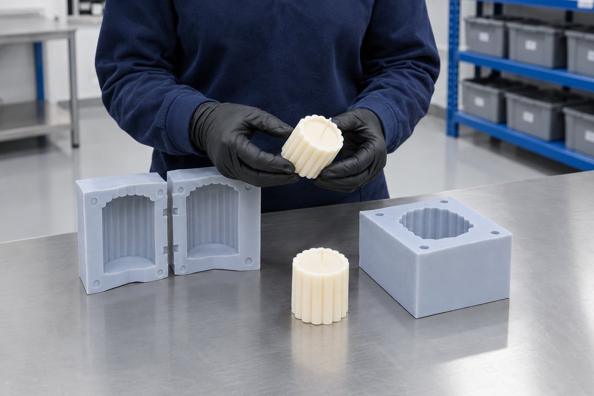 Illustrative example: Gloved hands compare silicone test pieces and a trial moulded part