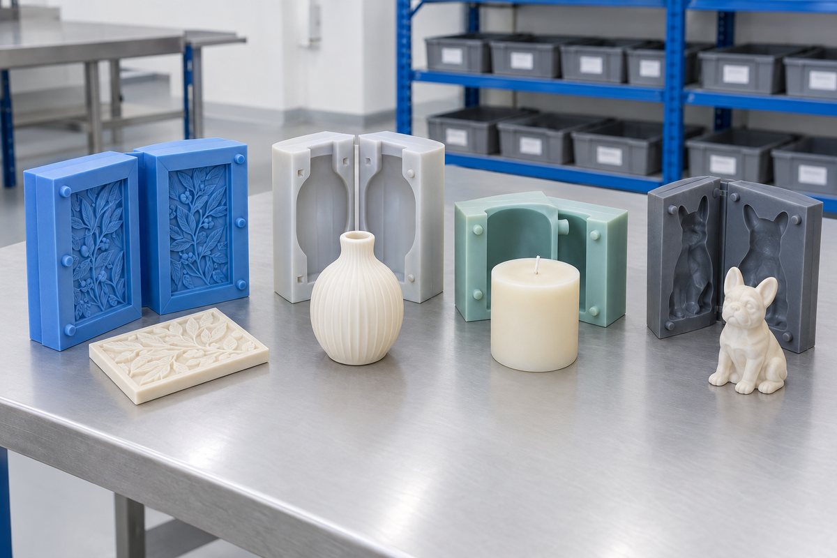 Illustrative example: Five different mould types displayed across a working bench