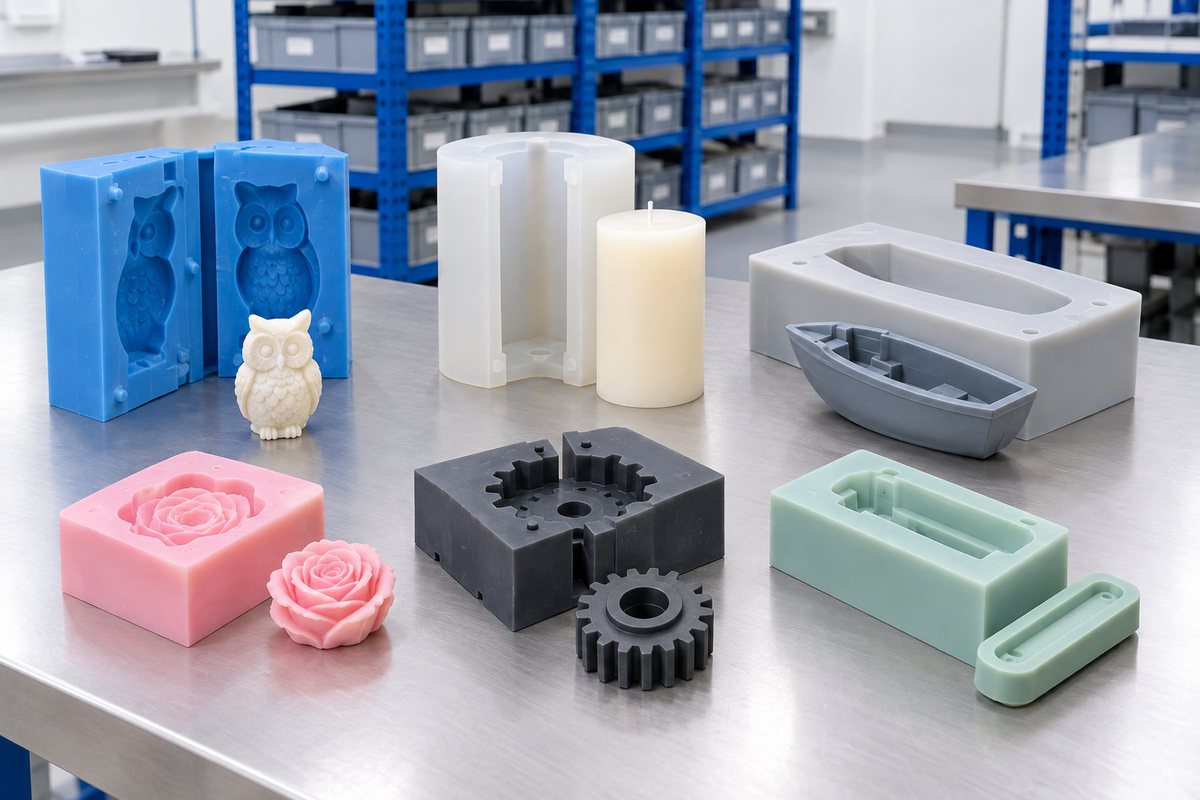Illustrative example: Sample cast materials placed beside moulds suited to different jobs