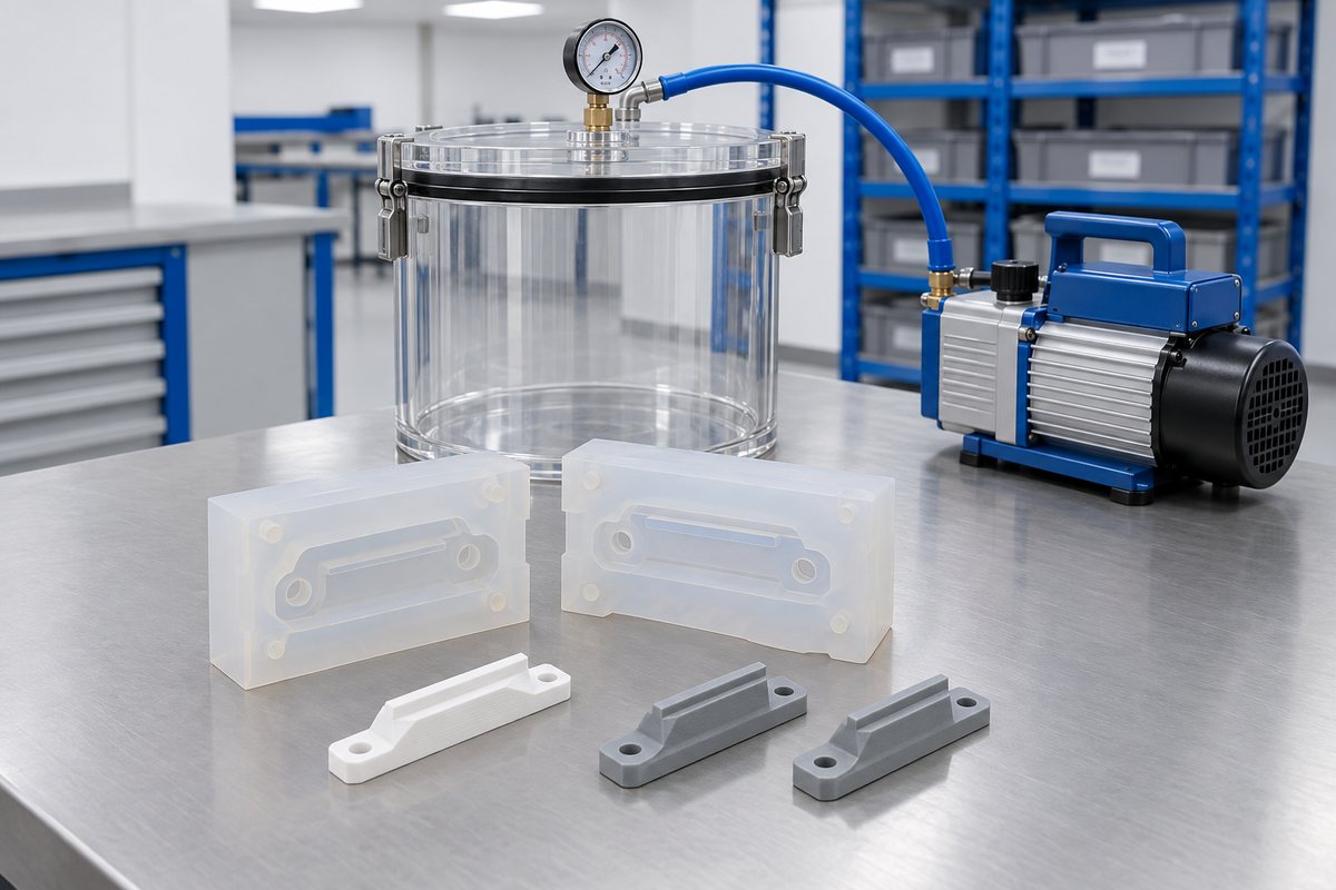 Illustrative example: Vacuum casting setup with mould, master and test parts on bench