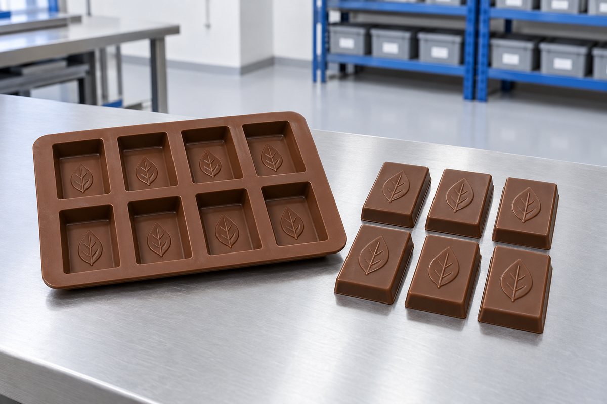 Illustrative example: Flexible silicone chocolate bar mould with embossed lettering in the cavity