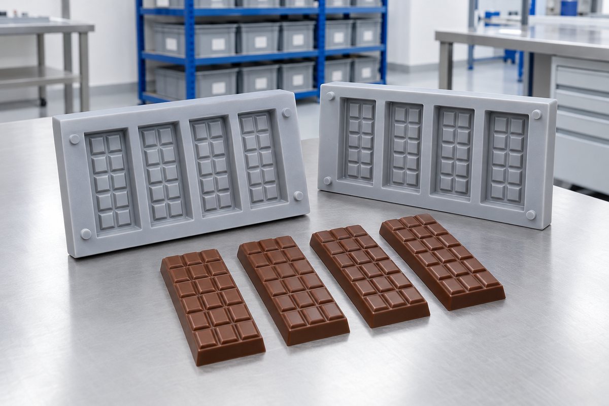Illustrative example: Chocolate bar mould cavities shaped for clean release of embossed detail