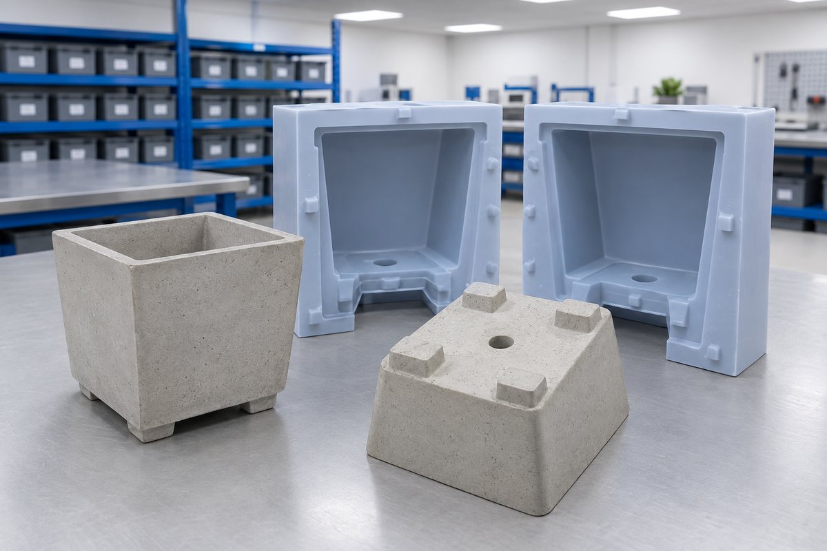 Illustrative example: Concrete planter and silicone mould showing cast drainage hole and base feet