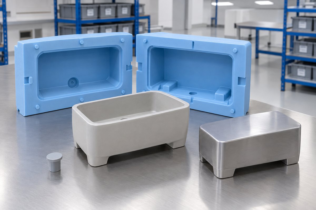 Illustrative example: Open planter mould with drainage plug, foot recesses and polished master