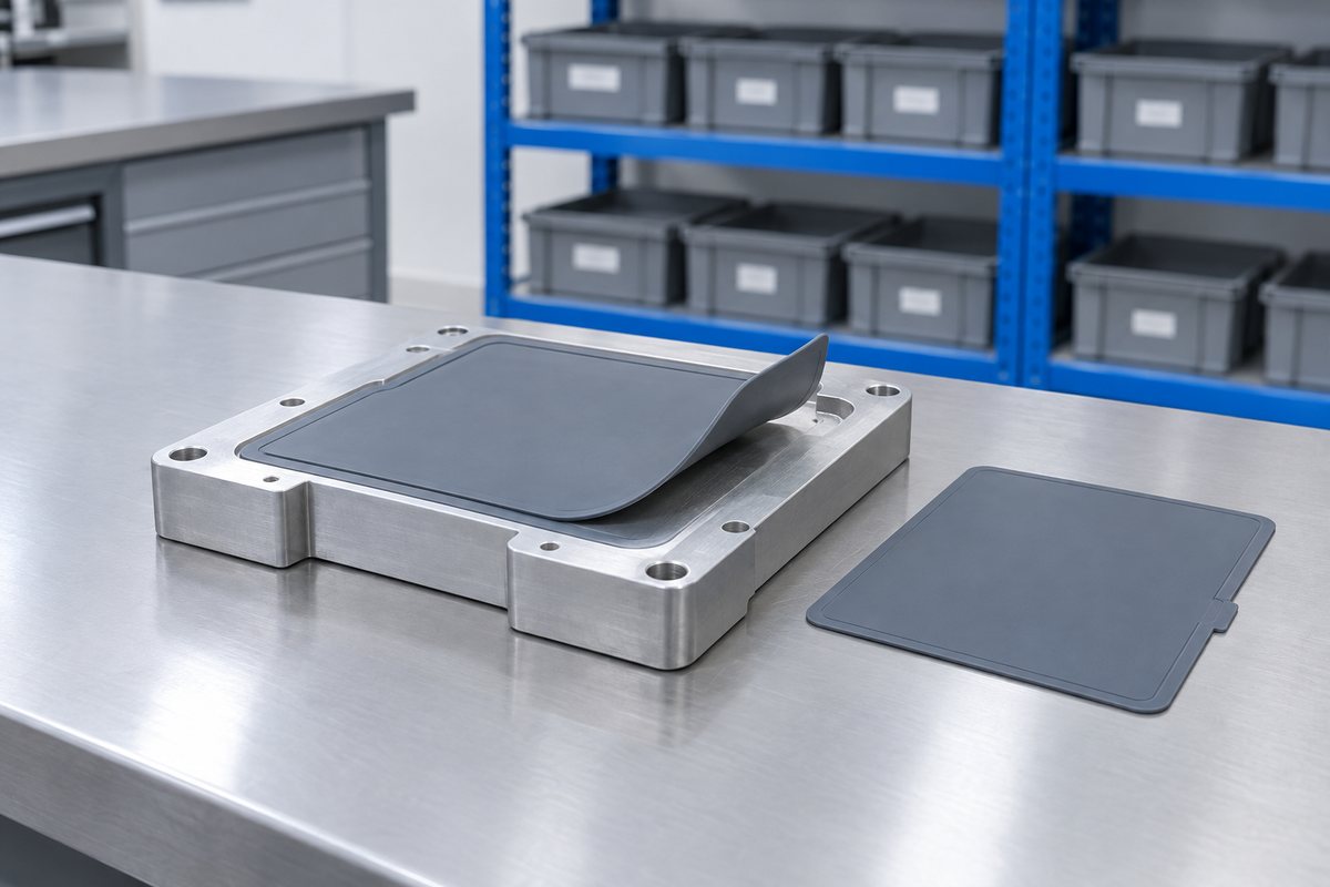 Illustrative example: Thin silicone electrical patch curling up on a metal housing plate