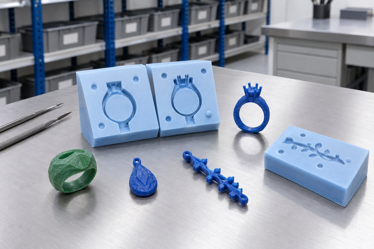 Illustrative example: Hand-modelled jewellery masters with visible tool marks on a workshop bench