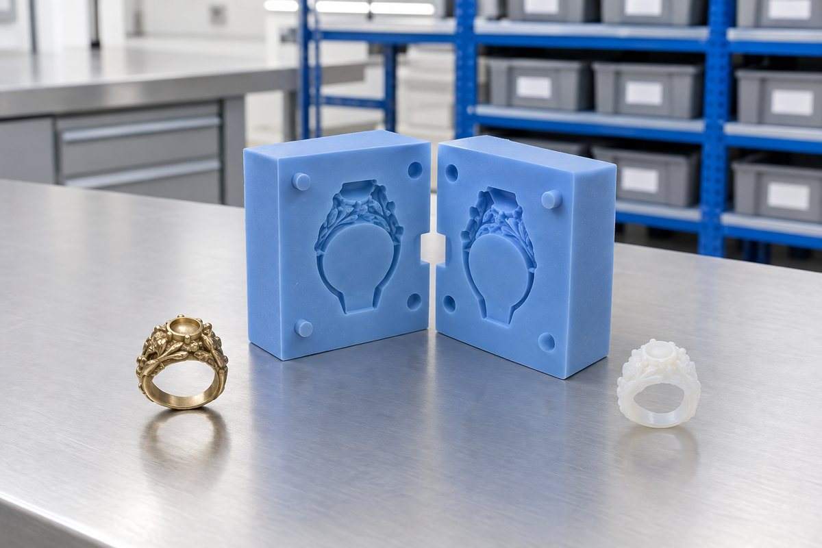 Illustrative example: Recovered jewellery master beside a small silicone cure test sample