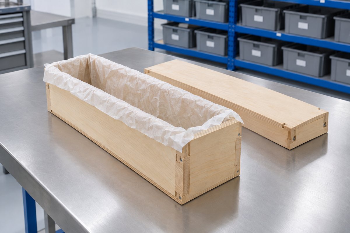 Illustrative example: Wooden soap loaf box lined with wrinkled baking paper