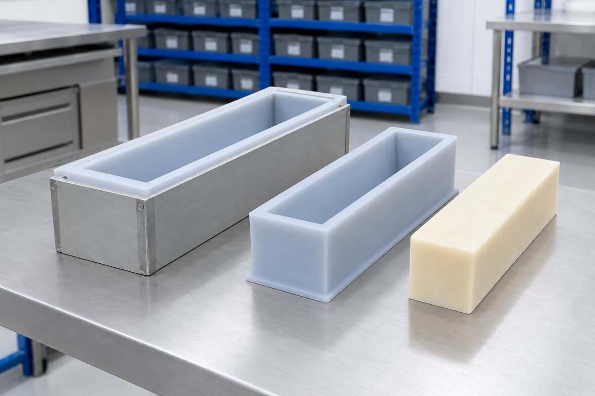 Illustrative example: Large silicone soap loaf mould fitted inside a rigid outer sleeve