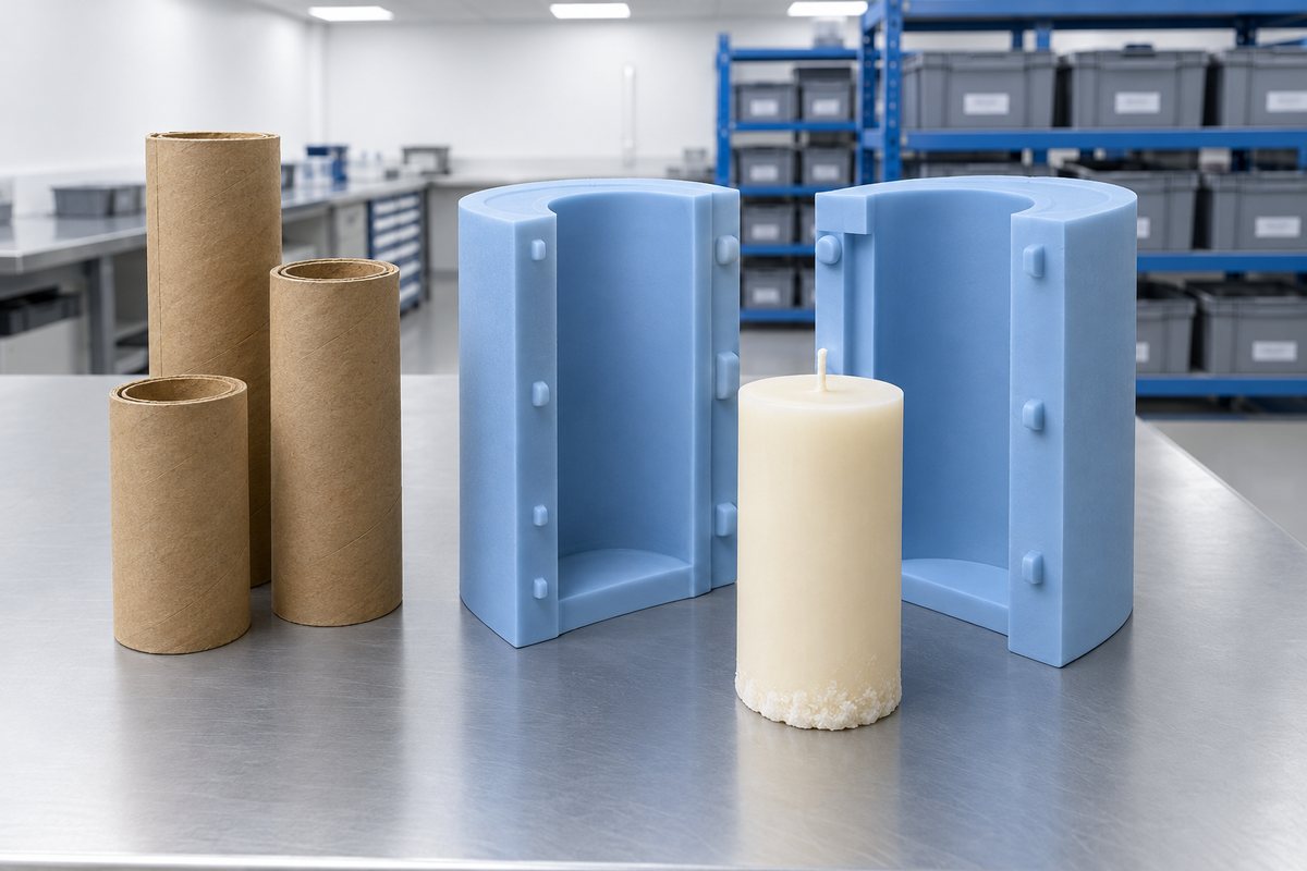 Illustrative example: Hand-rolled cardboard candle formers and a pillar with rough base