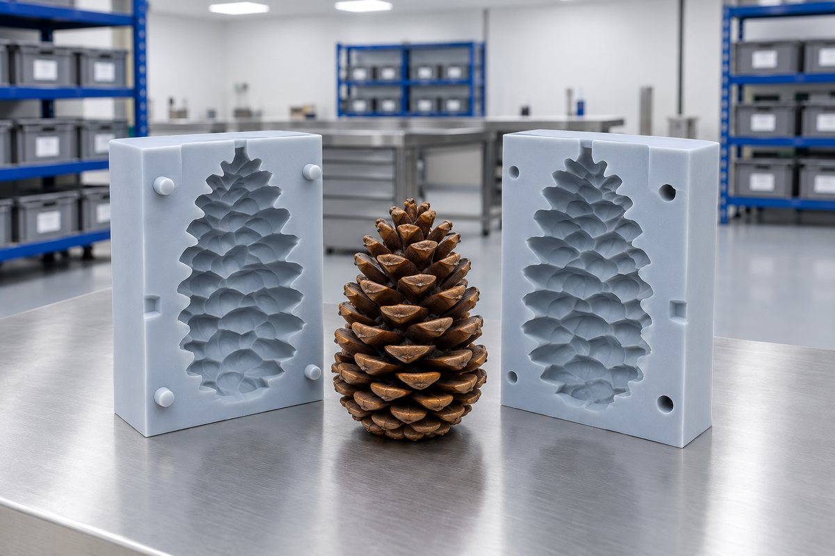 Illustrative example: Real pine cone master showing sharp scales and deep undercuts