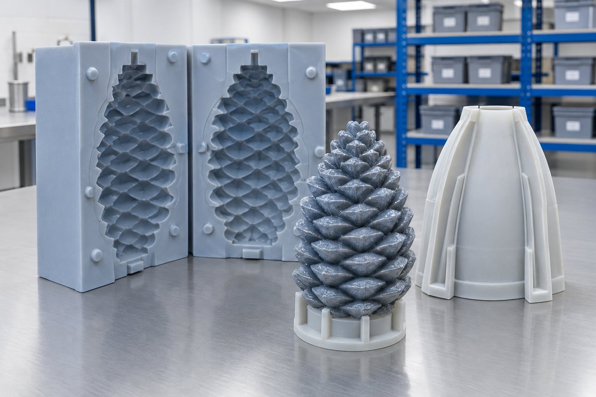 Illustrative example: Brushed silicone detail coat on a pine cone with support shell