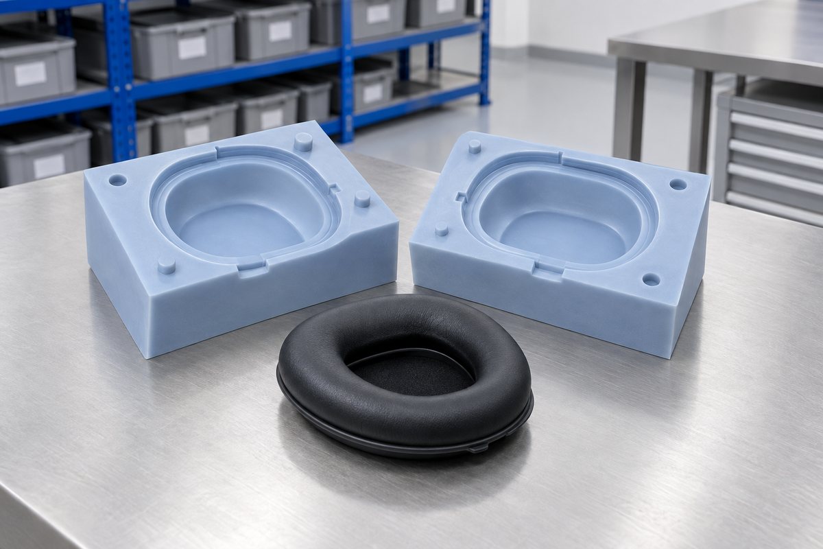 Illustrative example: Soft silicone ear pad showing sealing lip and mounting bead profile