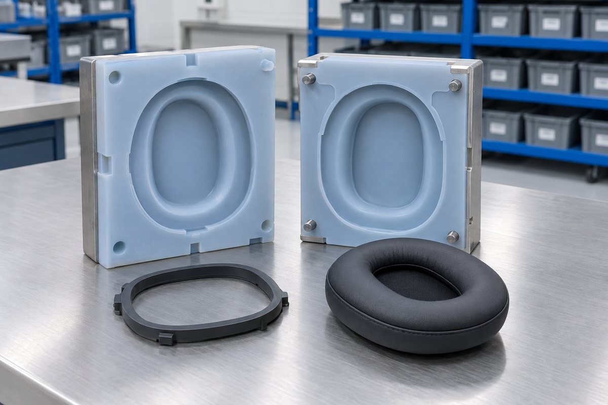 Illustrative example: Compression mould with ear pad cavity and removable flash ring