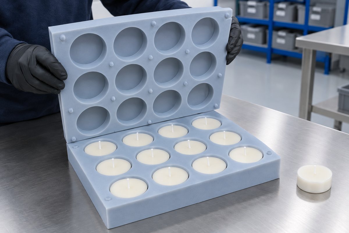 Illustrative example: Multi-cavity silicone tealight mould releasing many wax pieces together