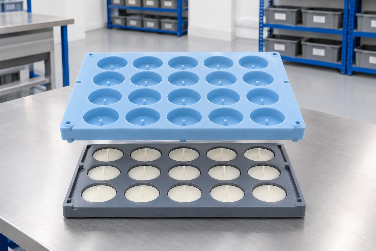 Illustrative example: Twenty-cavity silicone tealight master aligned above a tray