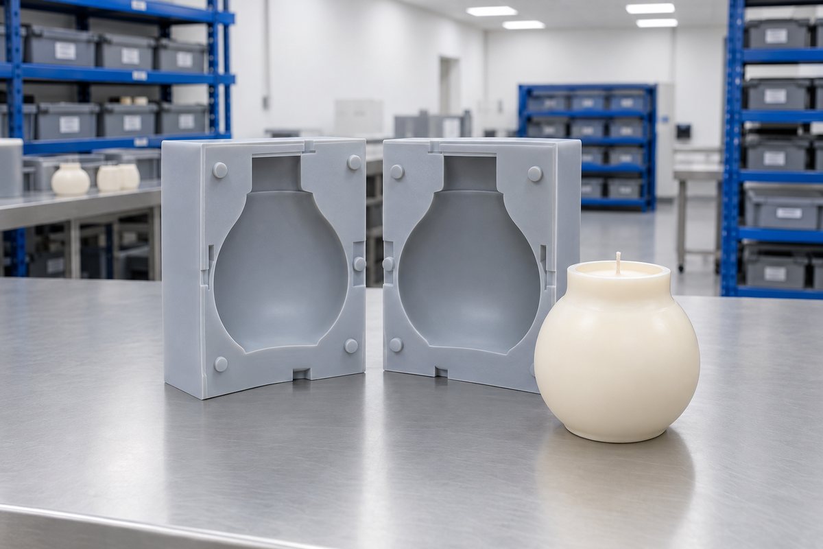 Illustrative example: Curved wax vessel candle with fine collar and smooth surface