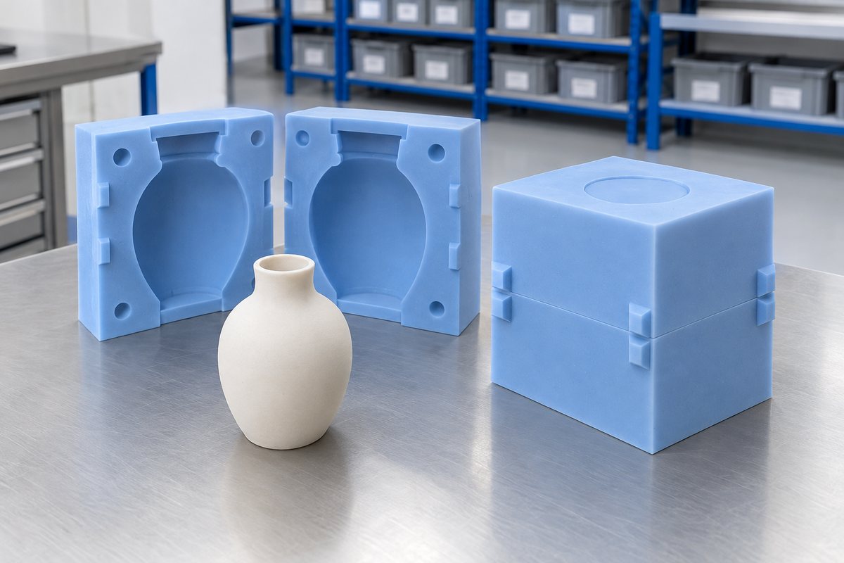 Illustrative example: Closed two-part silicone vessel mould with registration keys visible