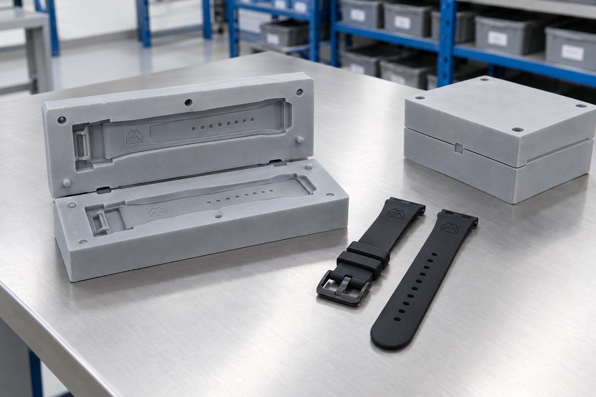 Illustrative example: Black silicone watch straps with moulded relief logo detail