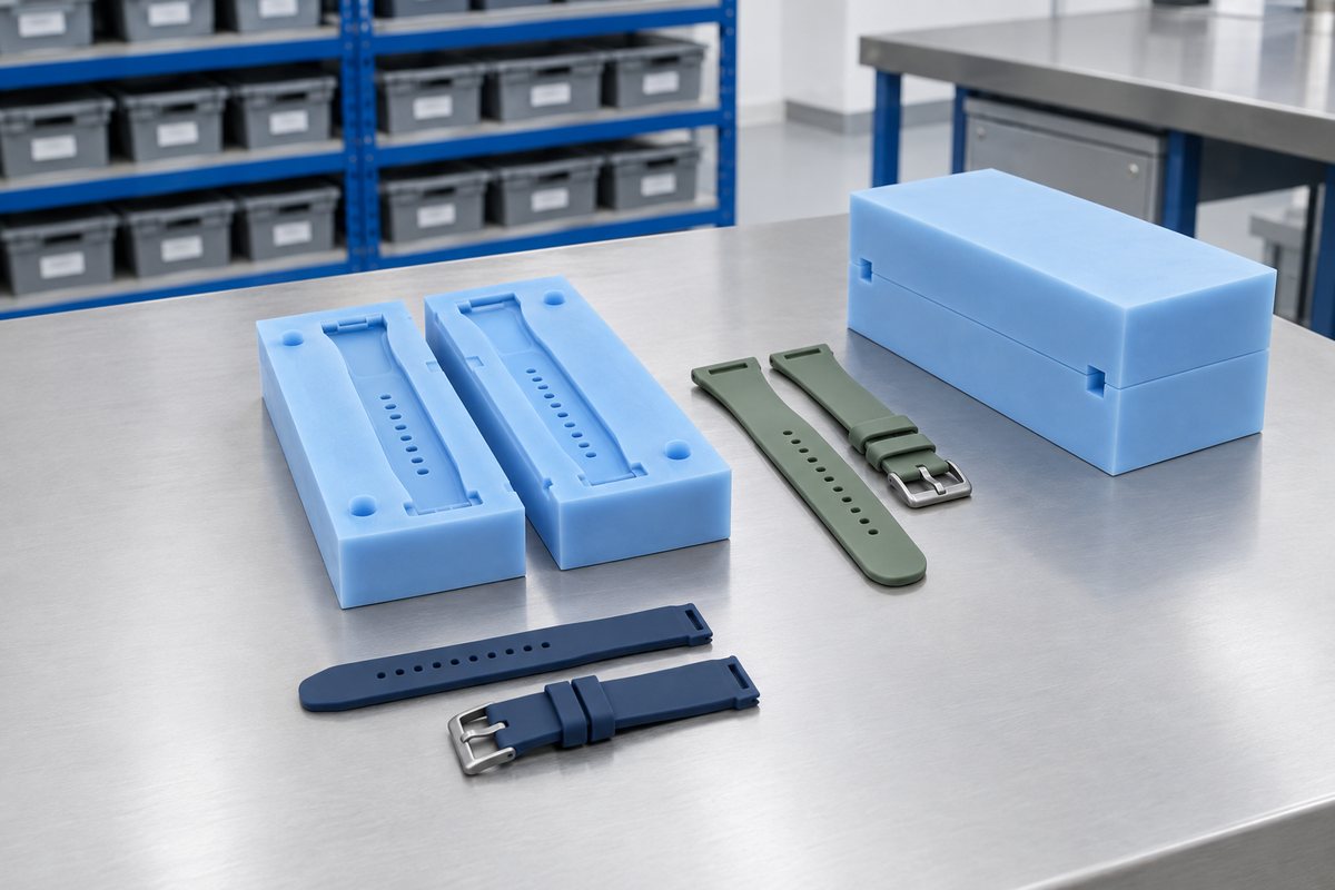 Illustrative example: Soft prototype mould and test watch straps on workshop bench