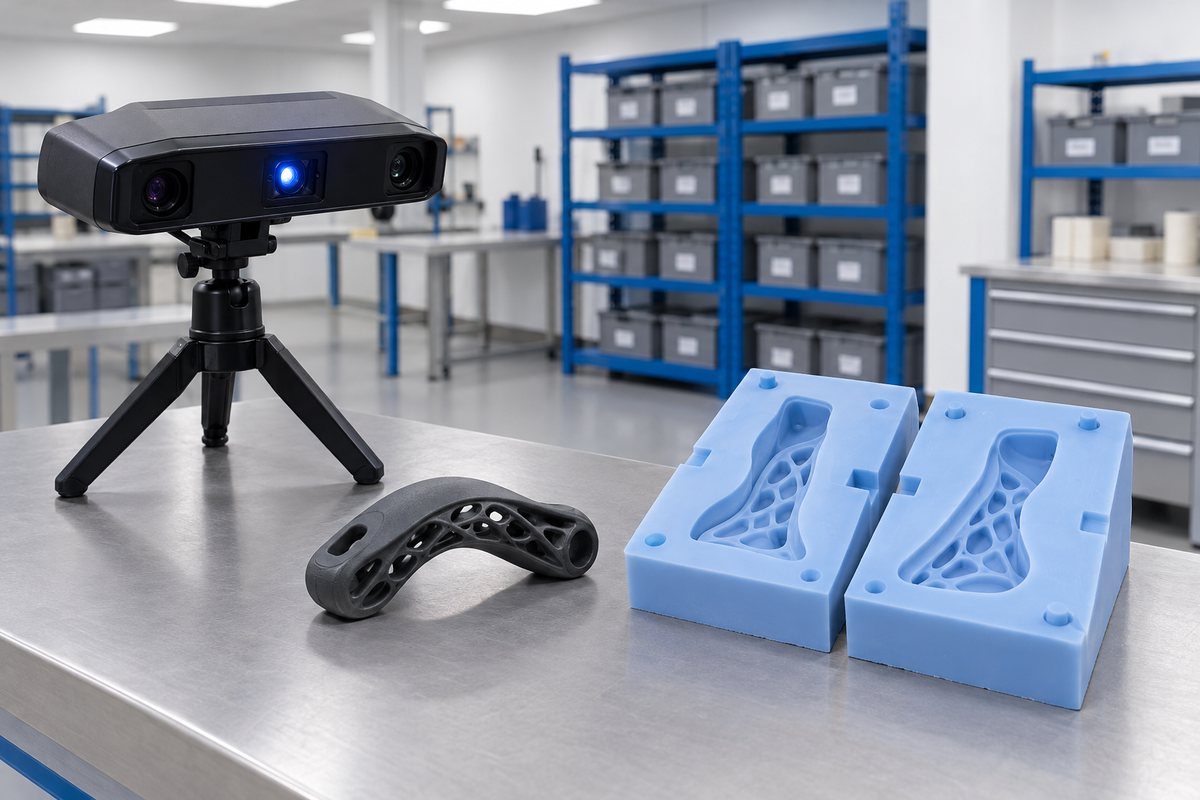 Illustrative example: 3D scanner beside an organic part and a functional moulded part