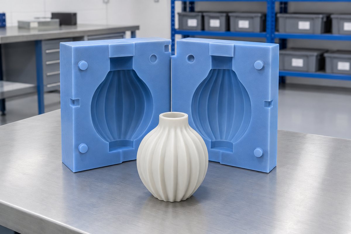 Illustrative example: Opened silicone mould showing planned parting line and demoulding considerations