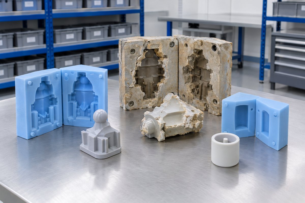 Illustrative example: Simple and complex parts beside an older failed mould for review