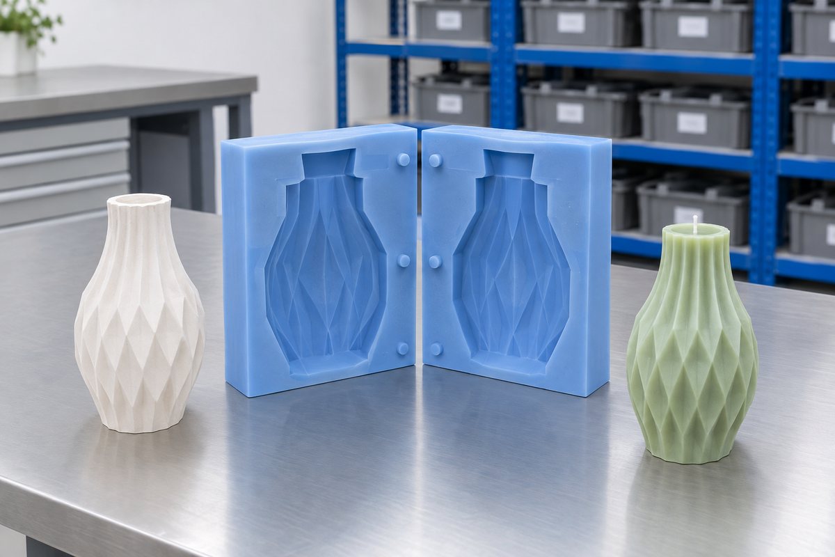 Illustrative example: Original master pattern kept beside matching silicone moulds and sample casts