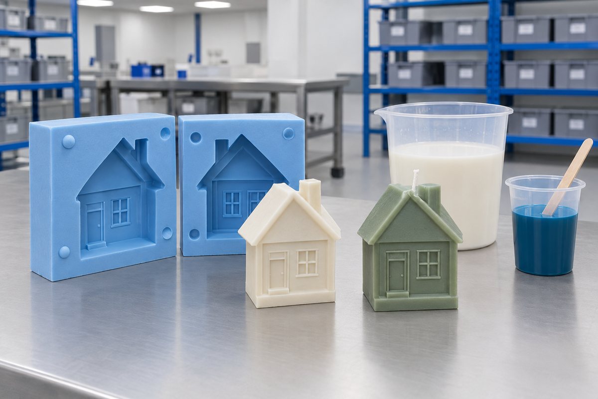 Illustrative example: Sample part, reference photo and casting material examples on a bench