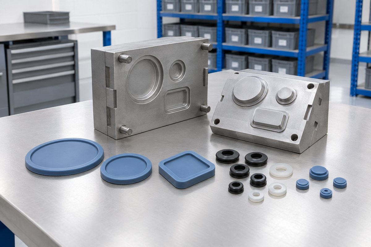 Illustrative example: Simple silicone seals, pads and grommets beside compression tooling