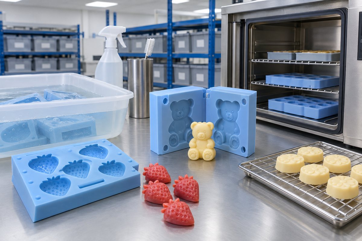 Illustrative example: Food-contact moulds shown with cleaning and heat-cycle handling equipment