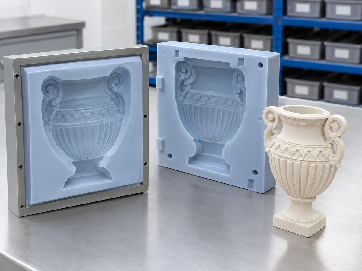 Illustrative example: Brushed silicone mould skin with rigid jacket beside a detailed master